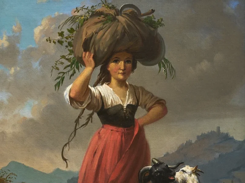 1819-Dominik Weber - Contadina con due capre, che trasporta un fascio di fieno
